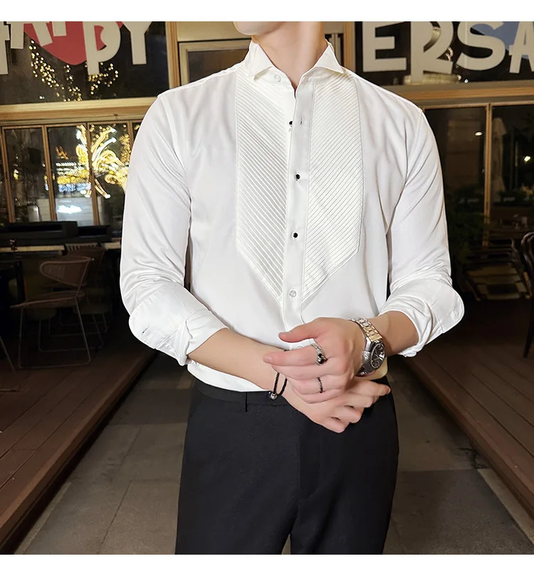 2023 Autumn Banquet Gentleman Dress French Collar Shirt Men's Long Sleeve Casual Business Organ Pleated Shirt Men Clothing