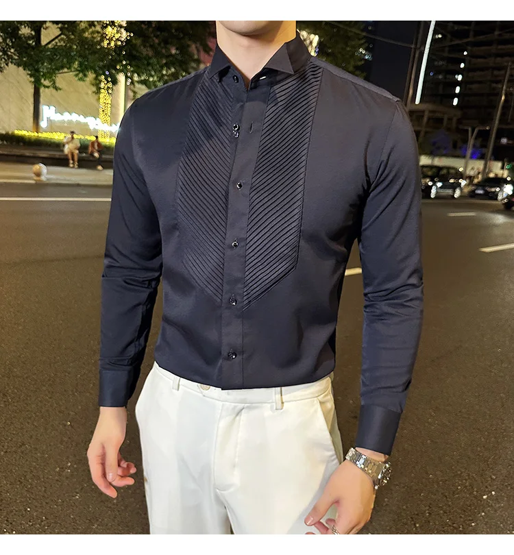 2023 Autumn Banquet Gentleman Dress French Collar Shirt Men's Long Sleeve Casual Business Organ Pleated Shirt Men Clothing