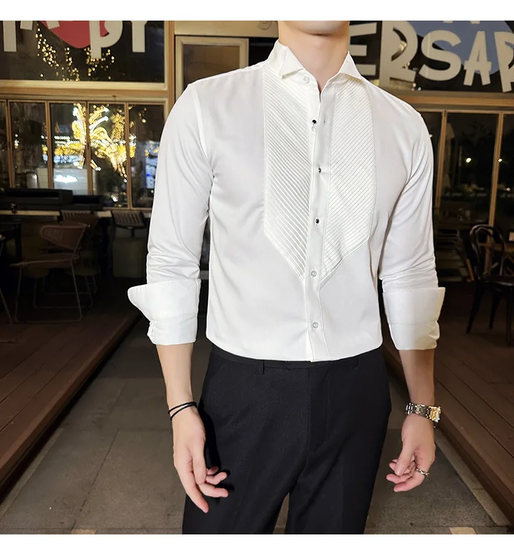 2023 Autumn Banquet Gentleman Dress French Collar Shirt Men's Long Sleeve Casual Business Organ Pleated Shirt Men Clothing