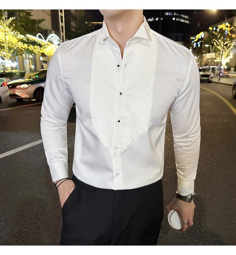 2023 Autumn Banquet Gentleman Dress French Collar Shirt Men's Long Sleeve Casual Business Organ Pleated Shirt Men Clothing