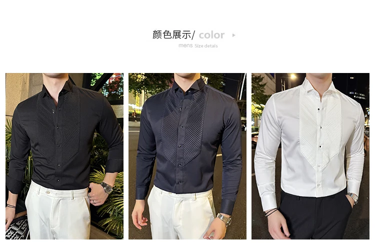 2023 Autumn Banquet Gentleman Dress French Collar Shirt Men's Long Sleeve Casual Business Organ Pleated Shirt Men Clothing