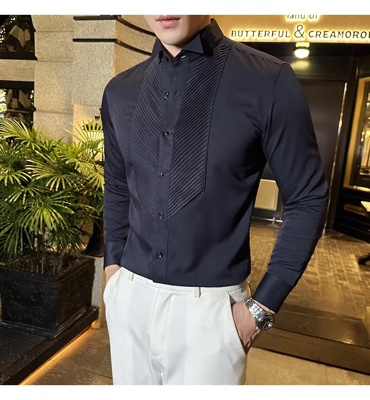 2023 Autumn Banquet Gentleman Dress French Collar Shirt Men's Long Sleeve Casual Business Organ Pleated Shirt Men Clothing
