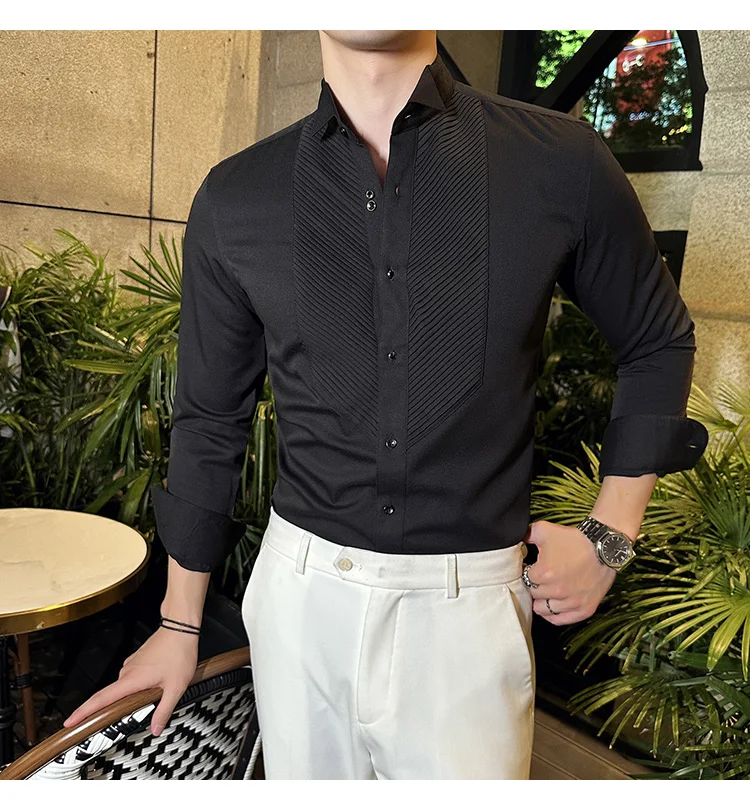 2023 Autumn Banquet Gentleman Dress French Collar Shirt Men's Long Sleeve Casual Business Organ Pleated Shirt Men Clothing