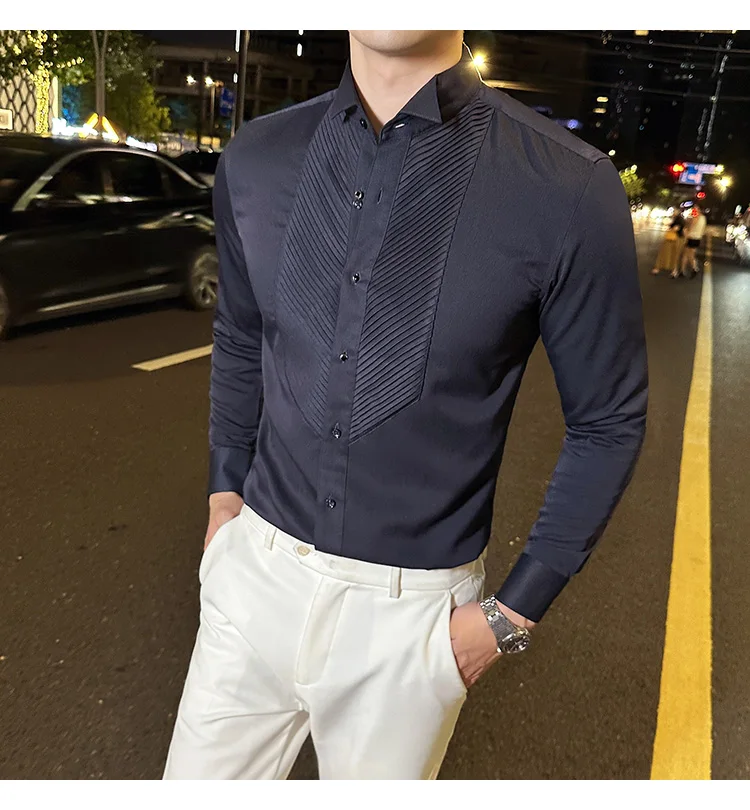 2023 Autumn Banquet Gentleman Dress French Collar Shirt Men's Long Sleeve Casual Business Organ Pleated Shirt Men Clothing