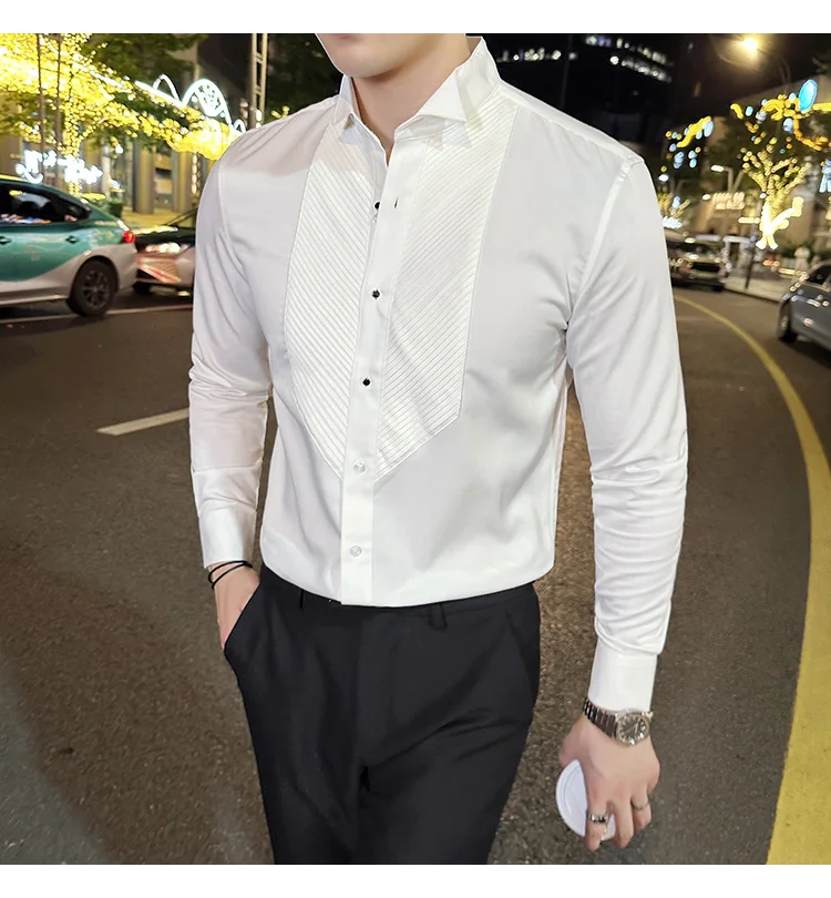 2023 Autumn Banquet Gentleman Dress French Collar Shirt Men's Long Sleeve Casual Business Organ Pleated Shirt Men Clothing