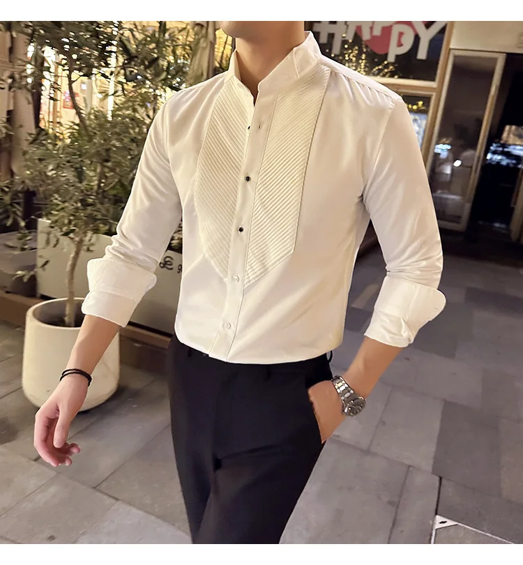 2023 Autumn Banquet Gentleman Dress French Collar Shirt Men's Long Sleeve Casual Business Organ Pleated Shirt Men Clothing