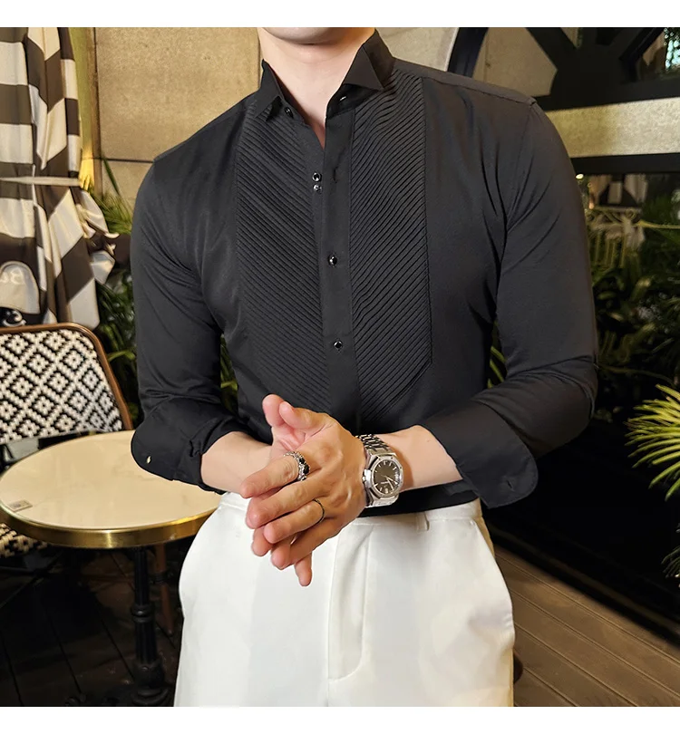 2023 Autumn Banquet Gentleman Dress French Collar Shirt Men's Long Sleeve Casual Business Organ Pleated Shirt Men Clothing