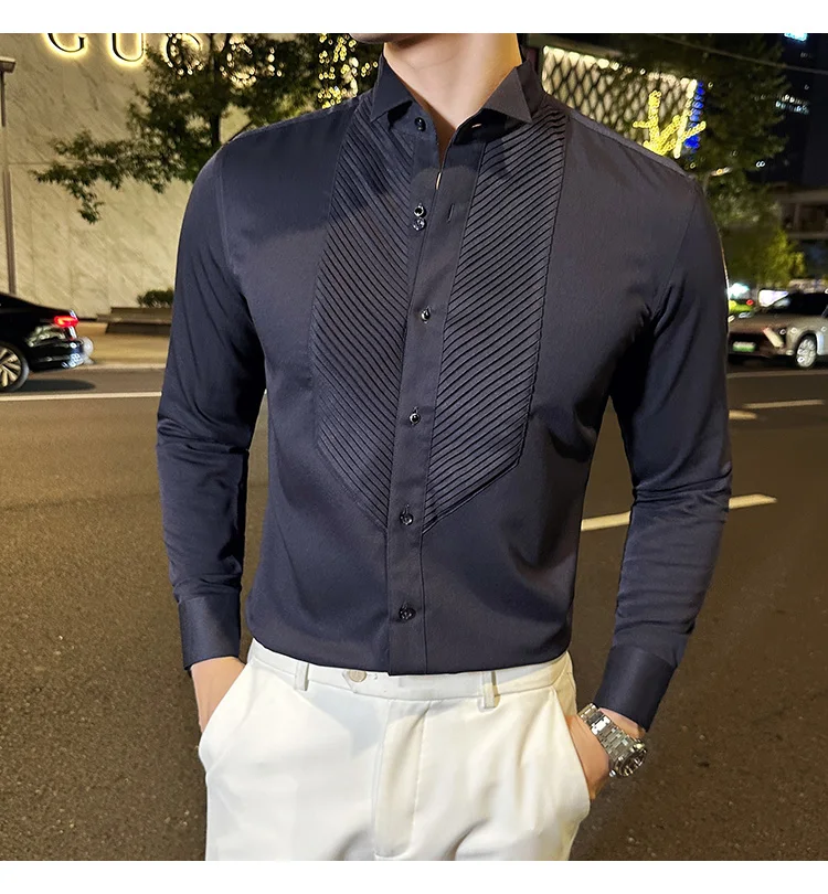 2023 Autumn Banquet Gentleman Dress French Collar Shirt Men's Long Sleeve Casual Business Organ Pleated Shirt Men Clothing