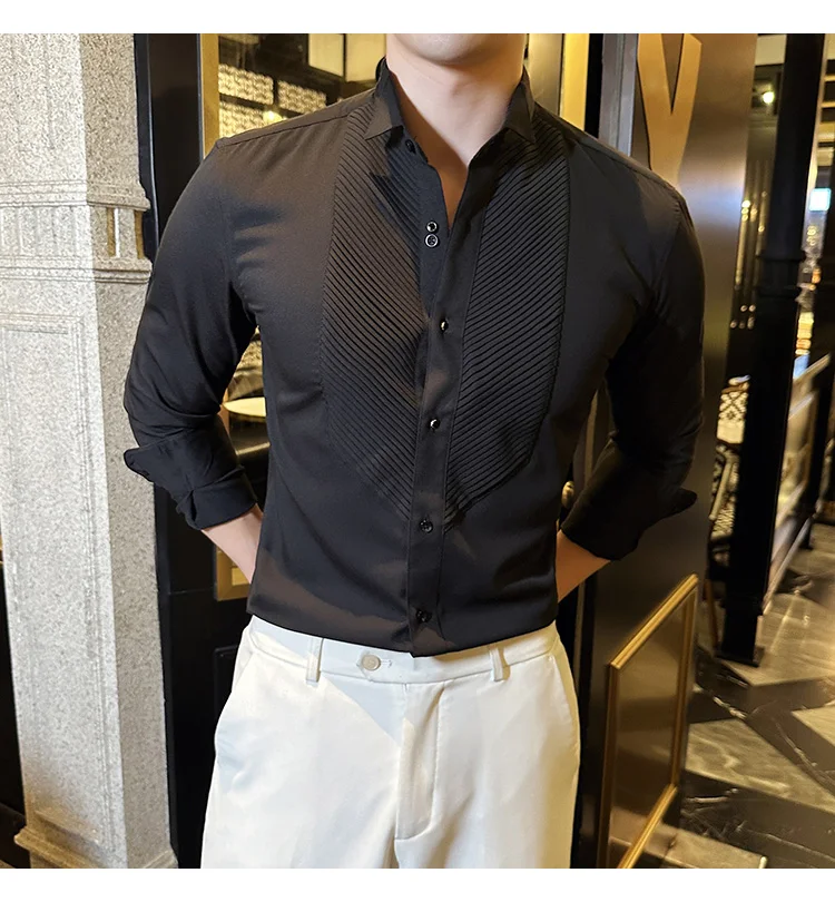 2023 Autumn Banquet Gentleman Dress French Collar Shirt Men's Long Sleeve Casual Business Organ Pleated Shirt Men Clothing