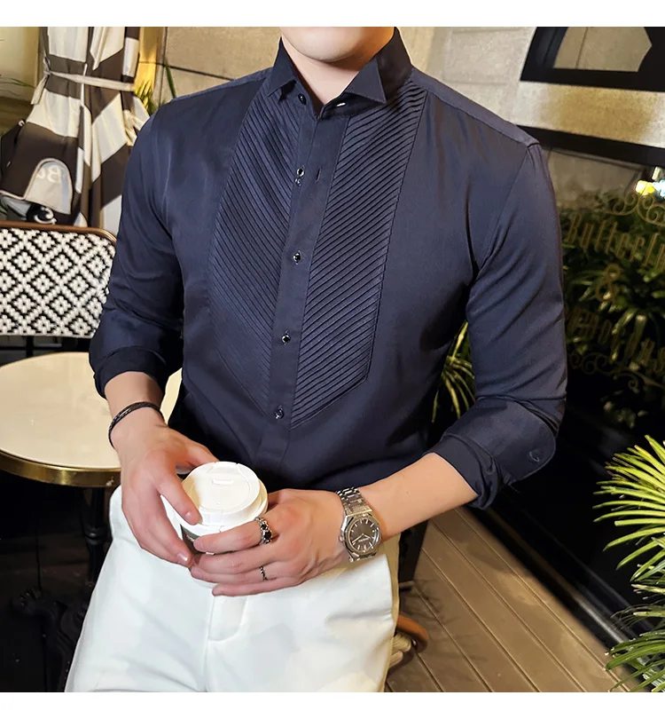 2023 Autumn Banquet Gentleman Dress French Collar Shirt Men's Long Sleeve Casual Business Organ Pleated Shirt Men Clothing