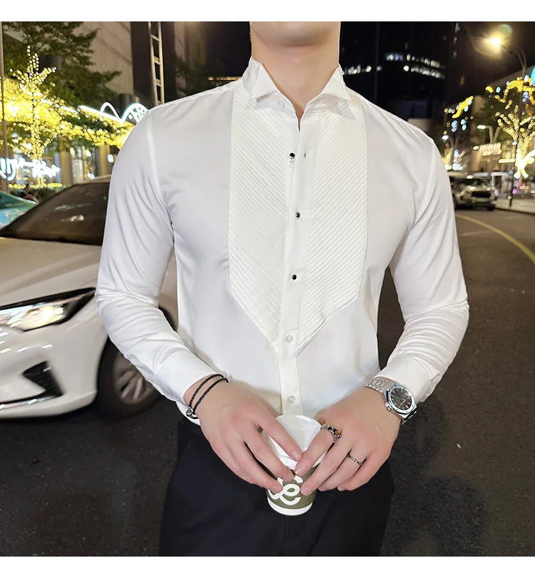 2023 Autumn Banquet Gentleman Dress French Collar Shirt Men's Long Sleeve Casual Business Organ Pleated Shirt Men Clothing
