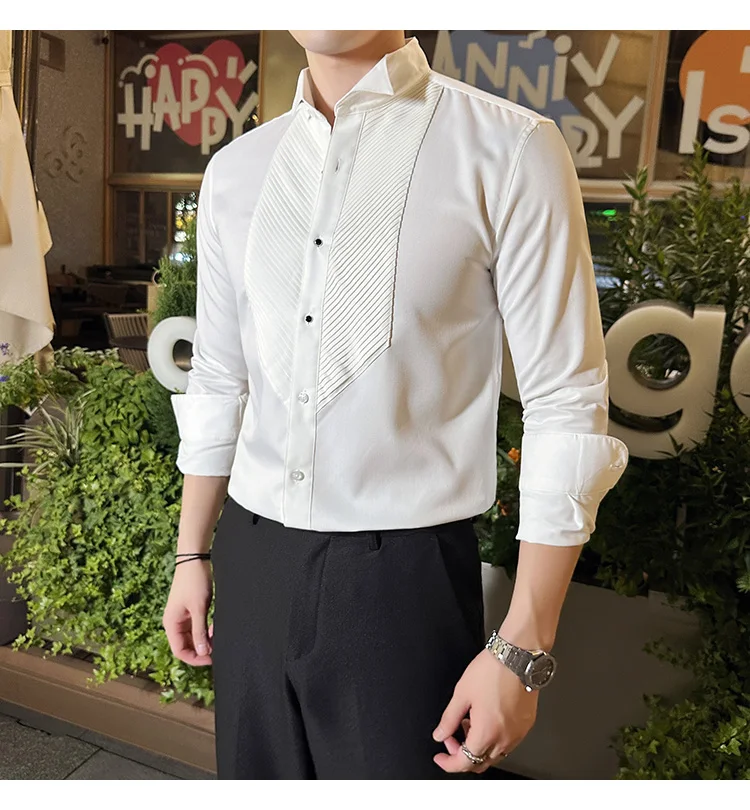 2023 Autumn Banquet Gentleman Dress French Collar Shirt Men's Long Sleeve Casual Business Organ Pleated Shirt Men Clothing