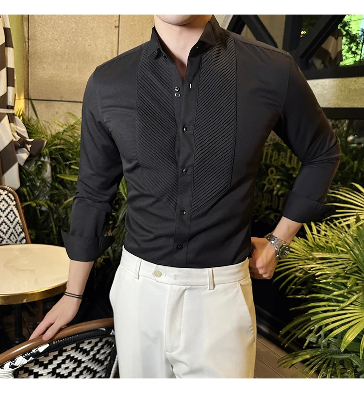 2023 Autumn Banquet Gentleman Dress French Collar Shirt Men's Long Sleeve Casual Business Organ Pleated Shirt Men Clothing
