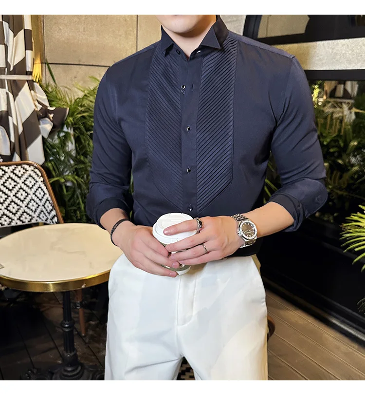 2023 Autumn Banquet Gentleman Dress French Collar Shirt Men's Long Sleeve Casual Business Organ Pleated Shirt Men Clothing