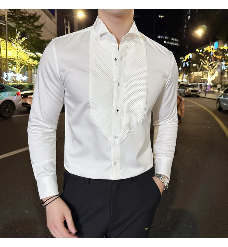 2023 Autumn Banquet Gentleman Dress French Collar Shirt Men's Long Sleeve Casual Business Organ Pleated Shirt Men Clothing