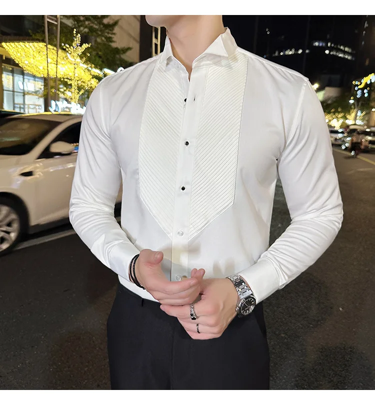 2023 Autumn Banquet Gentleman Dress French Collar Shirt Men's Long Sleeve Casual Business Organ Pleated Shirt Men Clothing