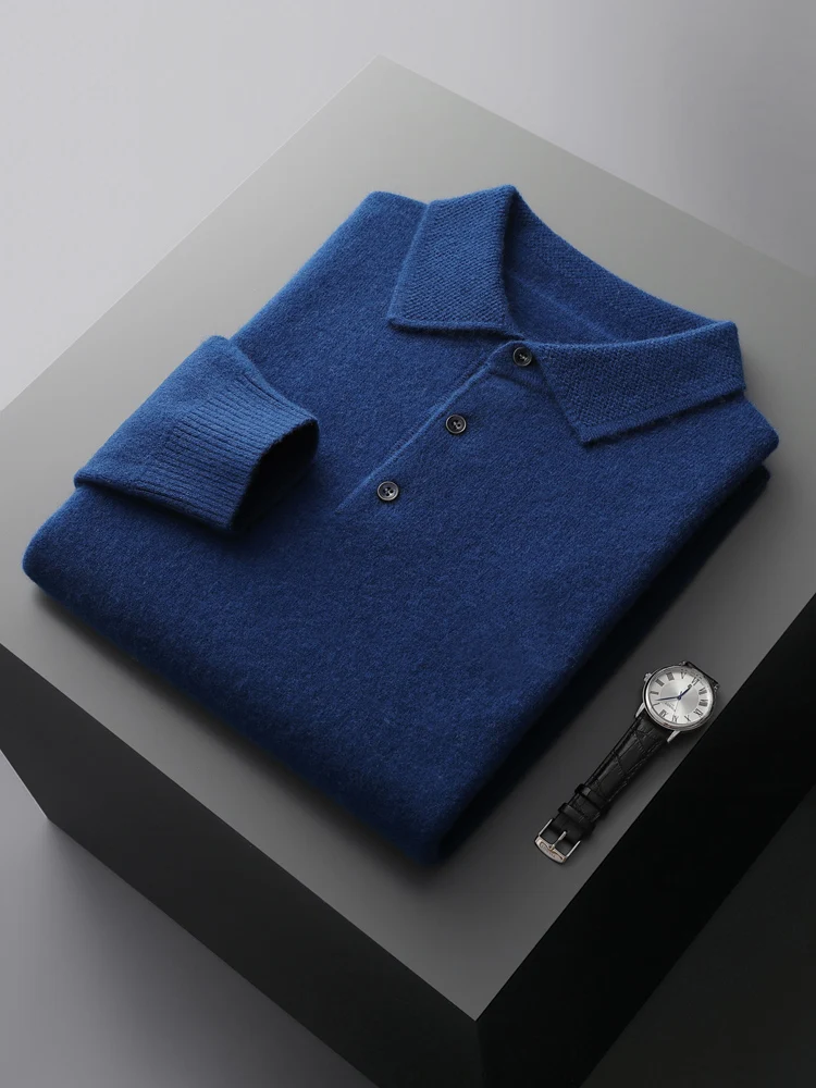 Fashion Autumn Winter New Cashmere Sweater Men's 100% Merino Wool Pullover Casual Loose POLO Knitted Bottom Shirt Jacket Shirt