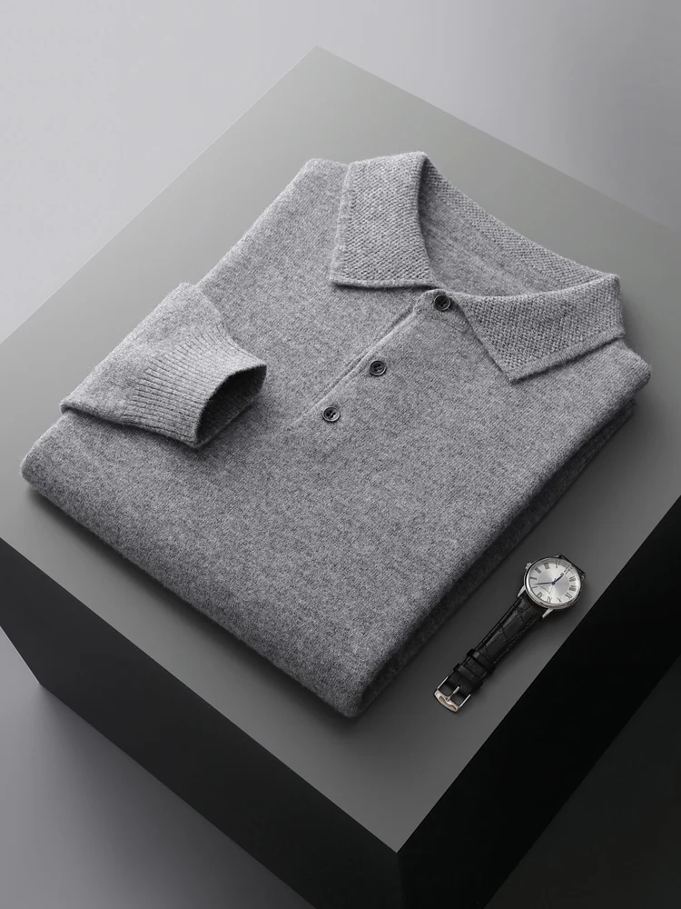 Fashion Autumn Winter New Cashmere Sweater Men's 100% Merino Wool Pullover Casual Loose POLO Knitted Bottom Shirt Jacket Shirt
