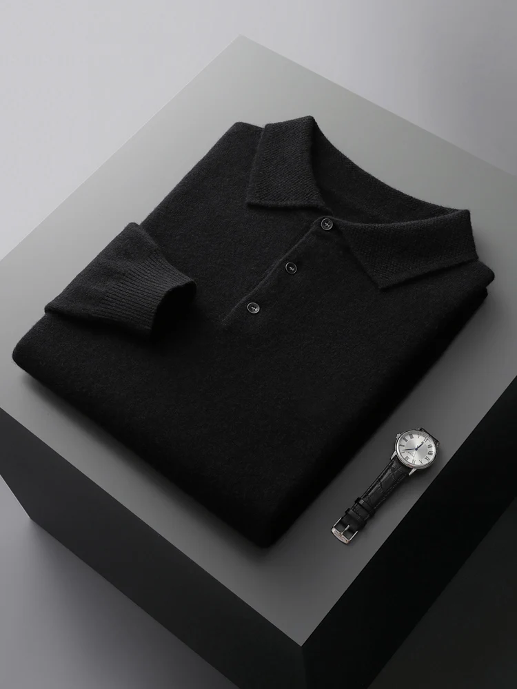 Fashion Autumn Winter New Cashmere Sweater Men's 100% Merino Wool Pullover Casual Loose POLO Knitted Bottom Shirt Jacket Shirt