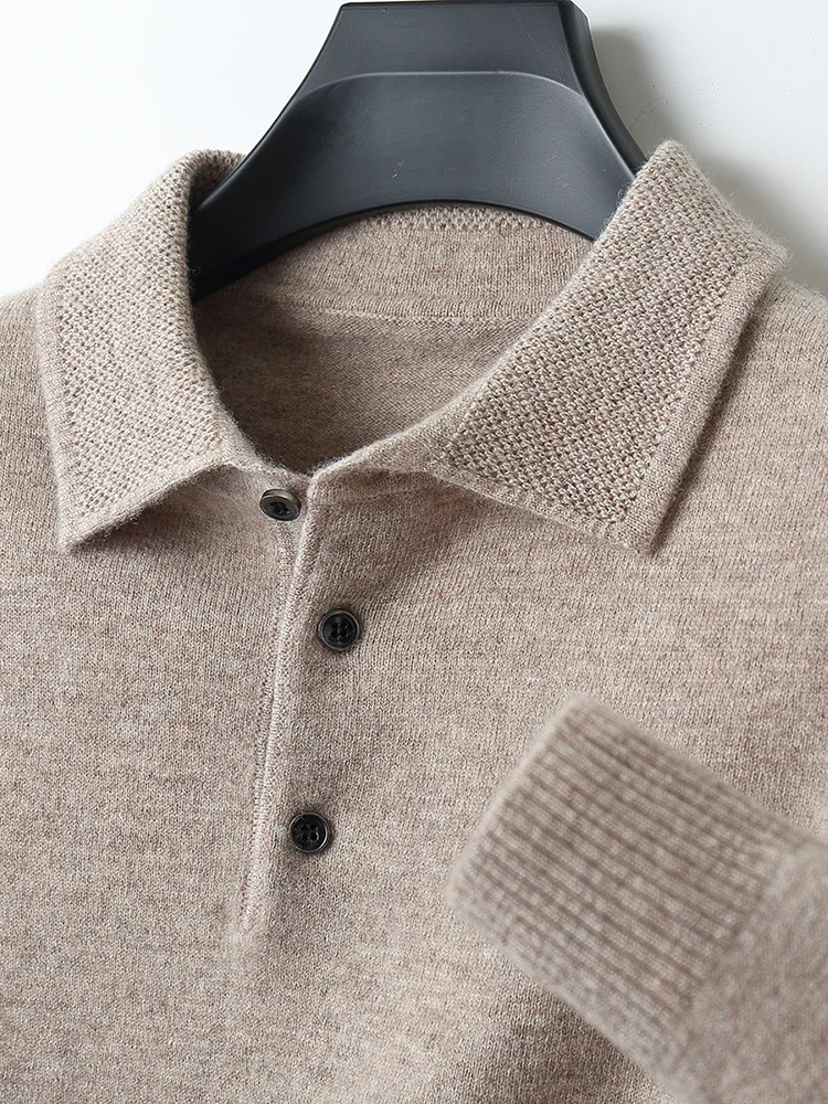 Fashion Autumn Winter New Cashmere Sweater Men's 100% Merino Wool Pullover Casual Loose POLO Knitted Bottom Shirt Jacket Shirt