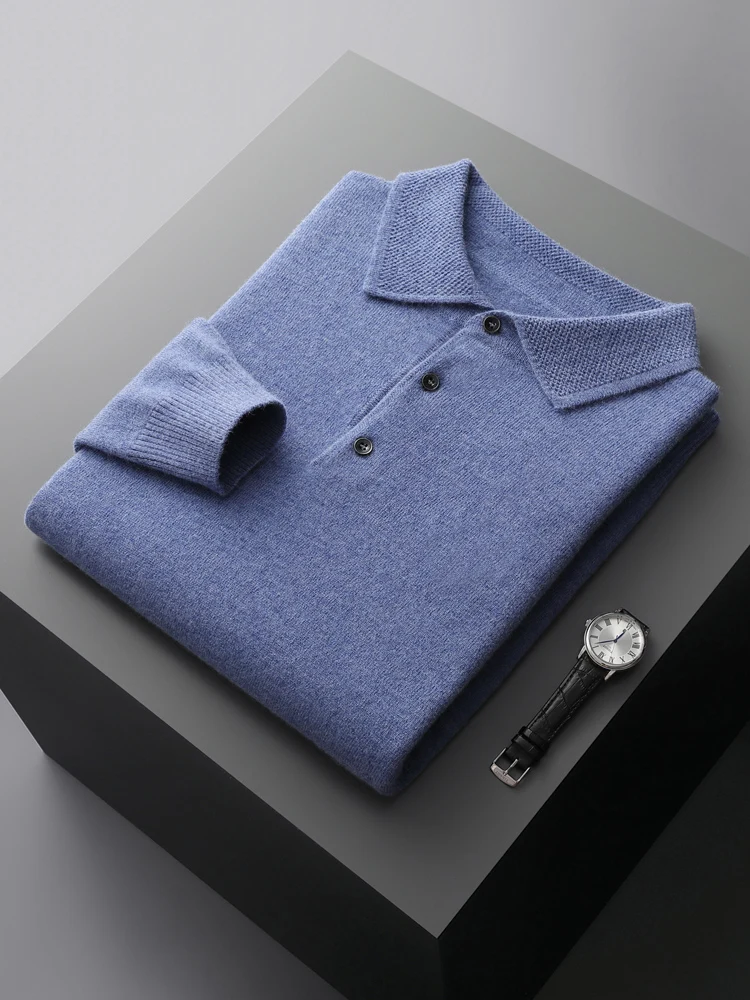 Fashion Autumn Winter New Cashmere Sweater Men's 100% Merino Wool Pullover Casual Loose POLO Knitted Bottom Shirt Jacket Shirt