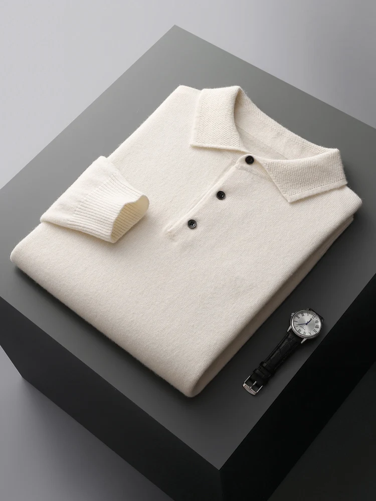 Fashion Autumn Winter New Cashmere Sweater Men's 100% Merino Wool Pullover Casual Loose POLO Knitted Bottom Shirt Jacket Shirt