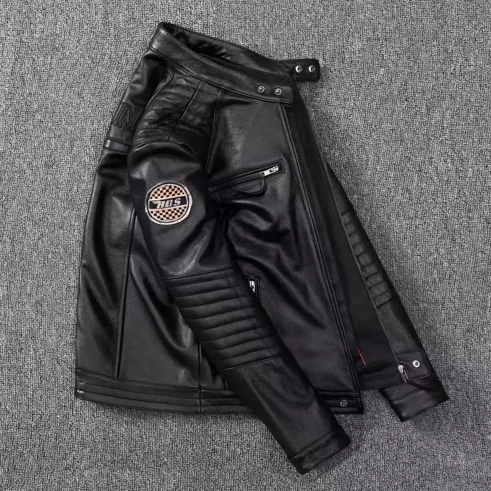 Genuine Cowhide Leather Biker Jacket Men's Slim Fit Short Motorcycle Coat Embroidery