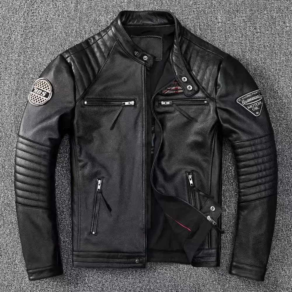 Genuine Cowhide Leather Biker Jacket Men's Slim Fit Short Motorcycle Coat Embroidery