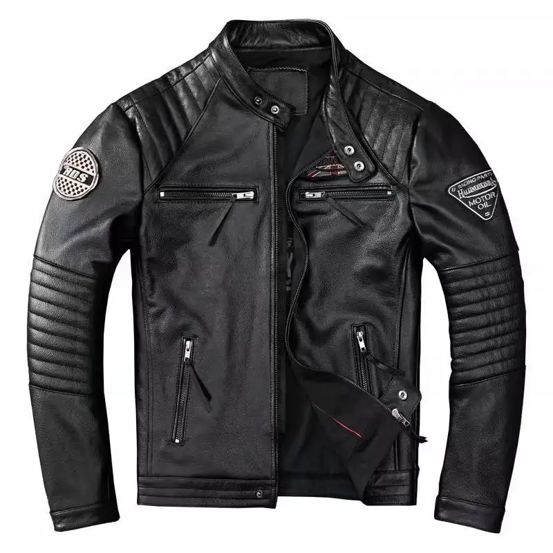 Genuine Cowhide Leather Biker Jacket Men's Slim Fit Short Motorcycle Coat Embroidery