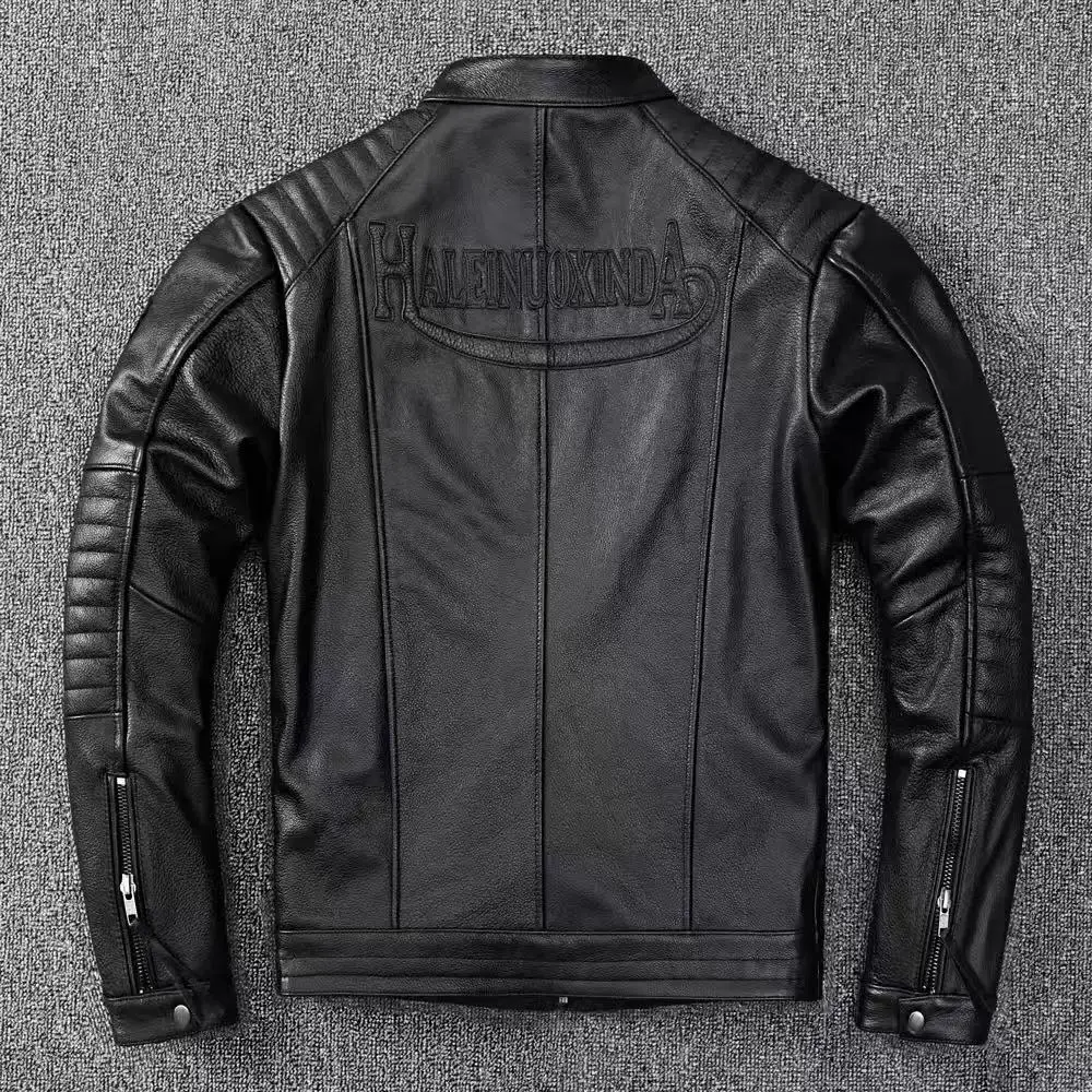 Genuine Cowhide Leather Biker Jacket Men's Slim Fit Short Motorcycle Coat Embroidery