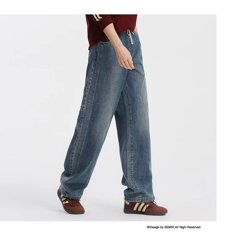 Semir Men Jeans Retro Wide Straight Side Stripe Elastic Waist 2026 Autumn Soft Denim Pants Casual Street Style Daily Wear