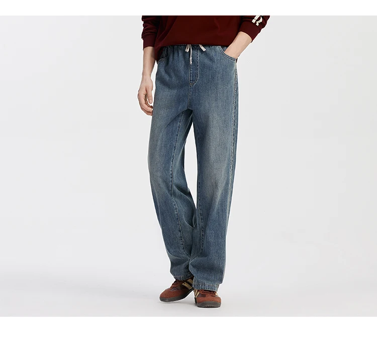 Semir Men Jeans Retro Wide Straight Side Stripe Elastic Waist 2026 Autumn Soft Denim Pants Casual Street Style Daily Wear