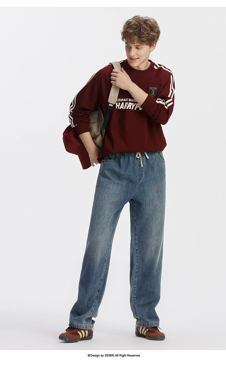 Semir Men Jeans Retro Wide Straight Side Stripe Elastic Waist 2026 Autumn Soft Denim Pants Casual Street Style Daily Wear