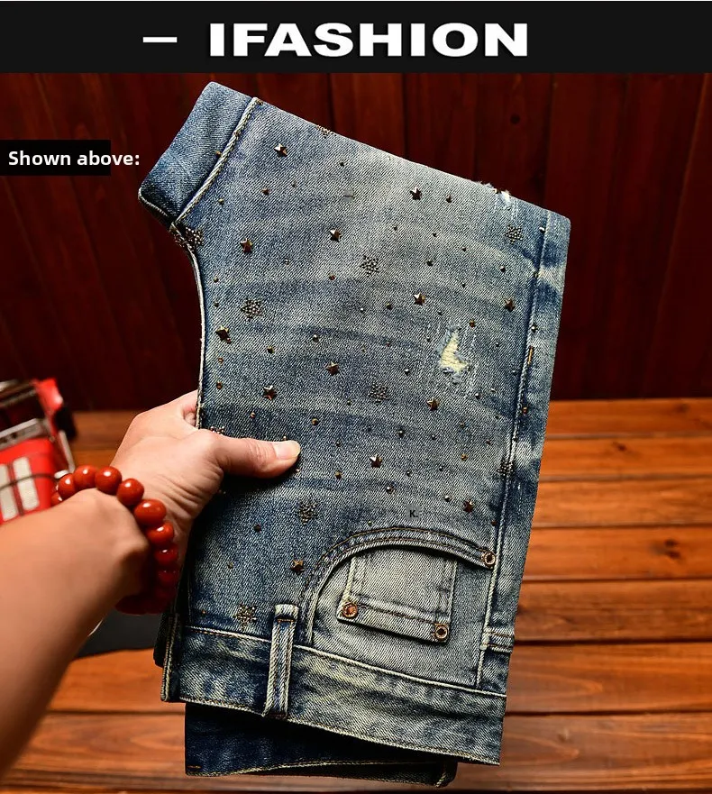 Fashionable light luxury jeans with men's patch design trendy retro elastic ripped pants