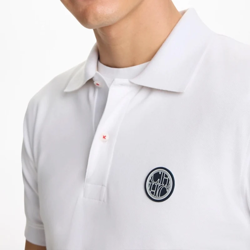CH Circular Rubber Patch Left Chest Premium Pique Short Sleeve Polo Shirt Men Classic Fit Breathable Office Daily Tops
