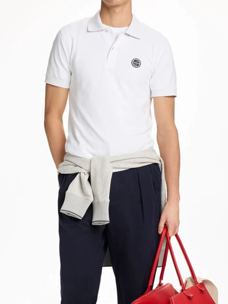CH Circular Rubber Patch Left Chest Premium Pique Short Sleeve Polo Shirt Men Classic Fit Breathable Office Daily Tops
