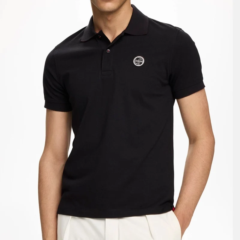CH Circular Rubber Patch Left Chest Premium Pique Short Sleeve Polo Shirt Men Classic Fit Breathable Office Daily Tops