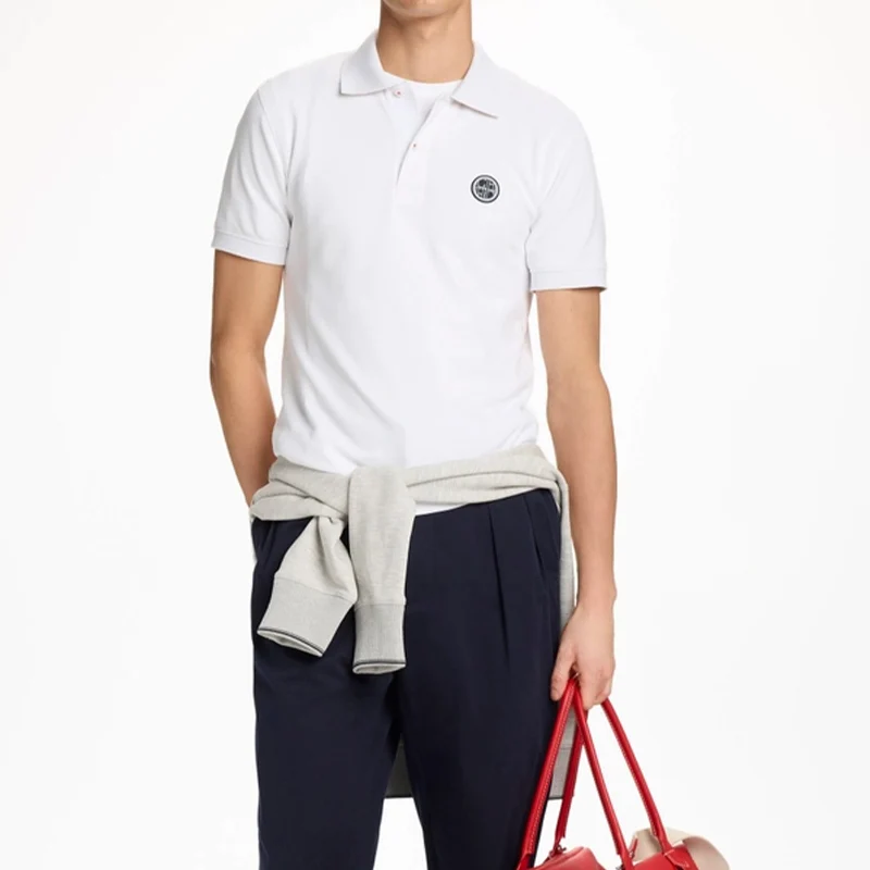 CH Circular Rubber Patch Left Chest Premium Pique Short Sleeve Polo Shirt Men Classic Fit Breathable Office Daily Tops