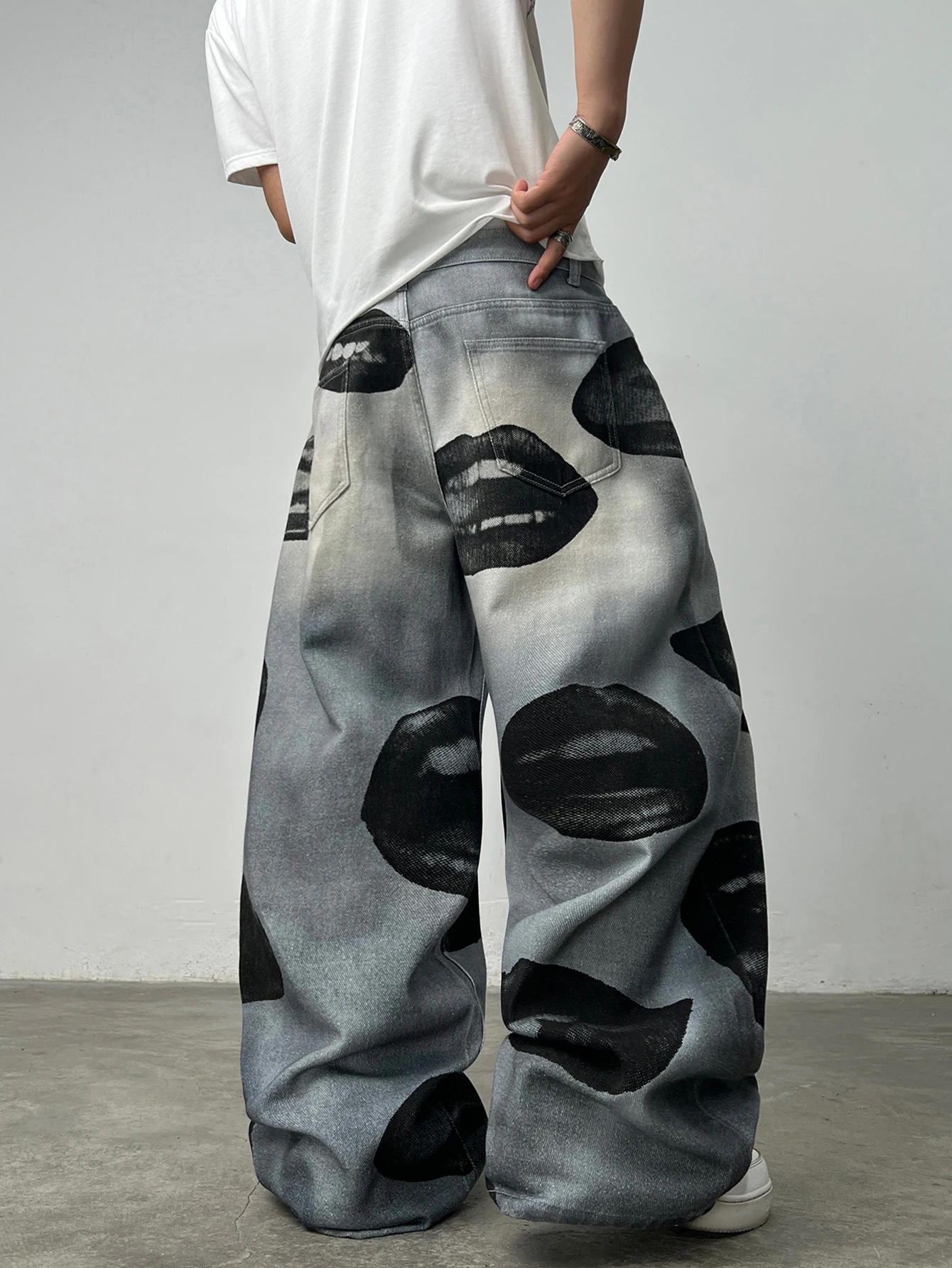 American High Street Lip Print Design Men's Loose Wide-Leg Jeans Y2K Street Hip-Hop Gothic Skateboard Style Trendy Fashion Pants