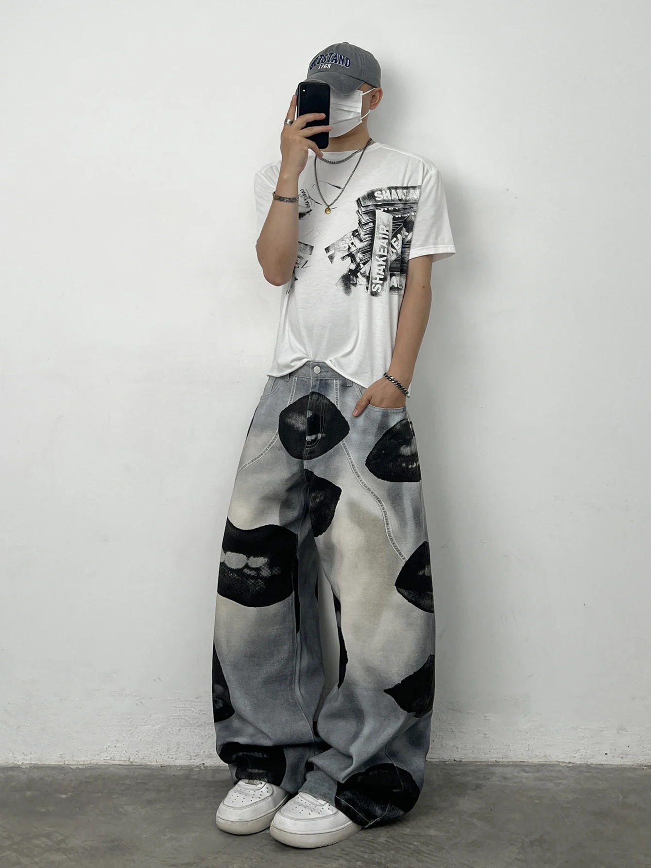 American High Street Lip Print Design Men's Loose Wide-Leg Jeans Y2K Street Hip-Hop Gothic Skateboard Style Trendy Fashion Pants
