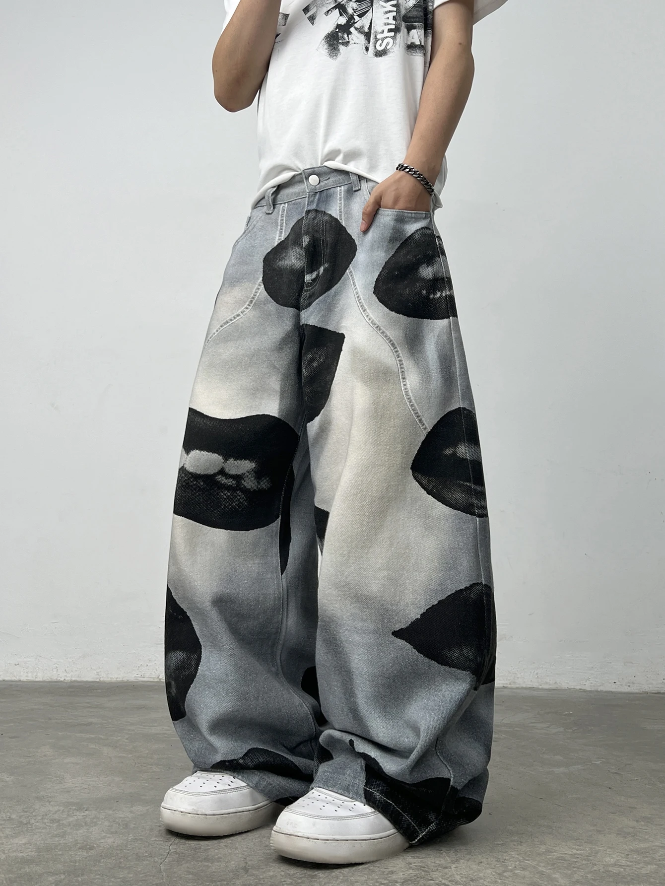 American High Street Lip Print Design Men's Loose Wide-Leg Jeans Y2K Street Hip-Hop Gothic Skateboard Style Trendy Fashion Pants