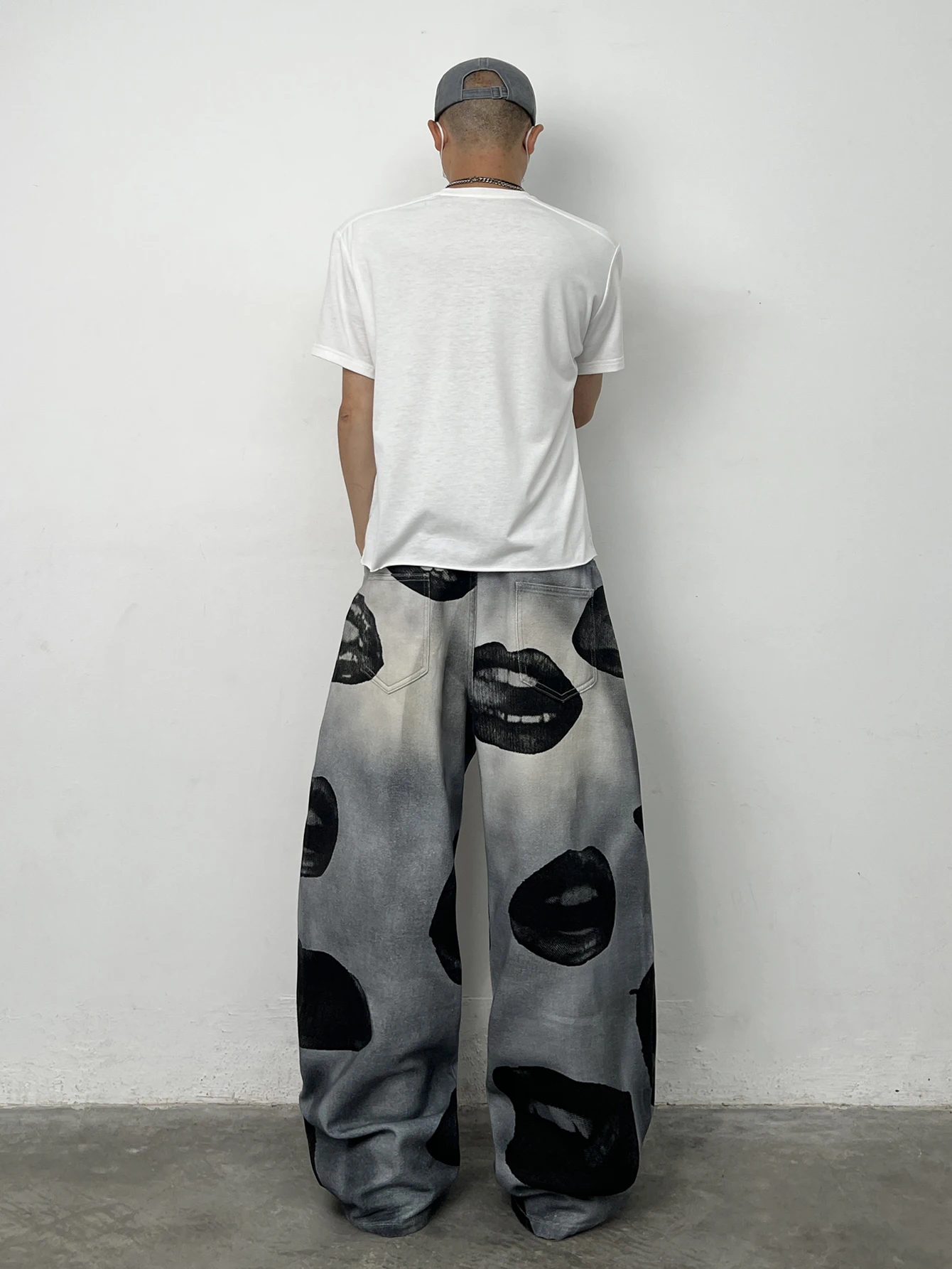 American High Street Lip Print Design Men's Loose Wide-Leg Jeans Y2K Street Hip-Hop Gothic Skateboard Style Trendy Fashion Pants