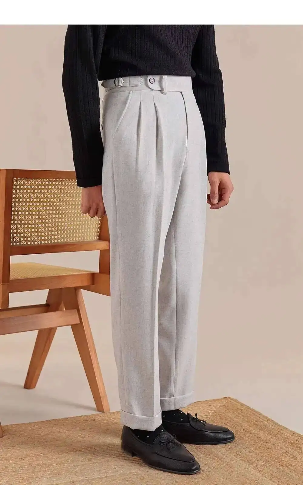 Naples High Waist Linen Suit Pants Men Breathable Straight Leg Office Trousers Men Pantalon Costume Homme Men's Social Trousers