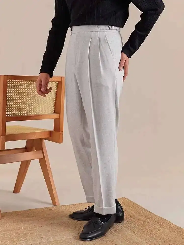 Naples High Waist Linen Suit Pants Men Breathable Straight Leg Office Trousers Men Pantalon Costume Homme Men's Social Trousers