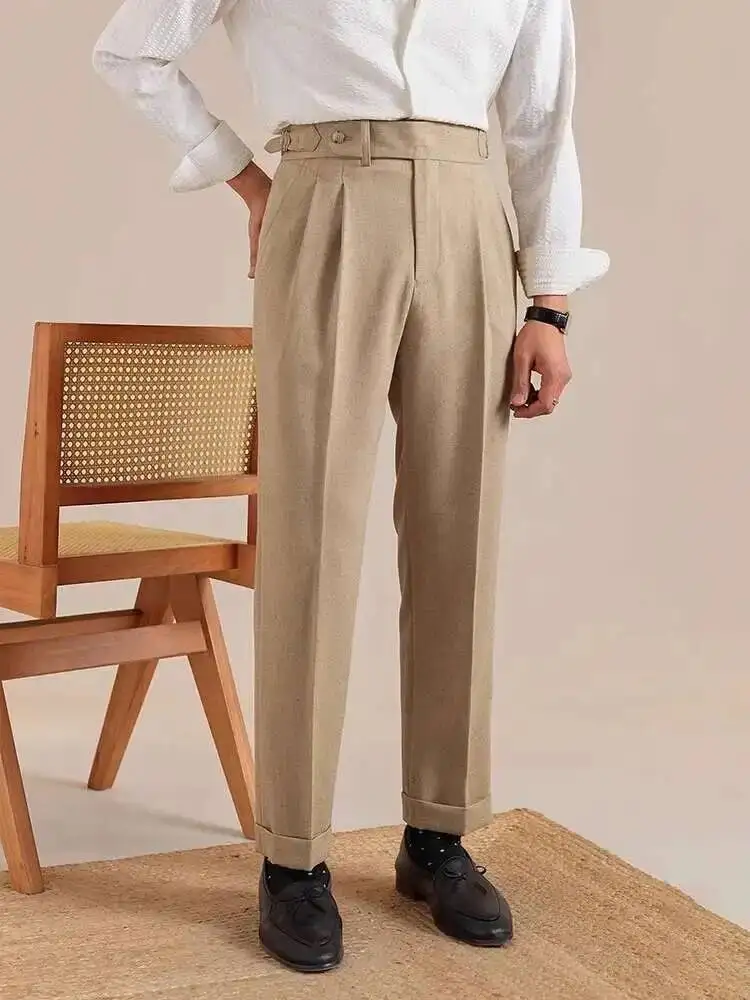 Naples High Waist Linen Suit Pants Men Breathable Straight Leg Office Trousers Men Pantalon Costume Homme Men's Social Trousers