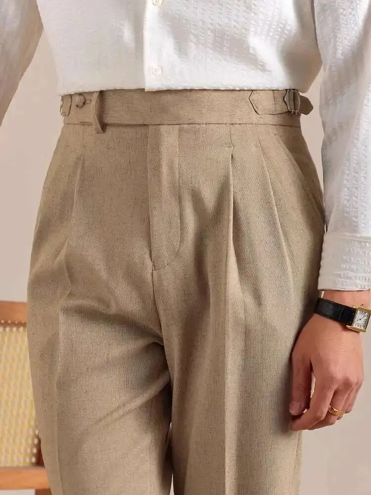Naples High Waist Linen Suit Pants Men Breathable Straight Leg Office Trousers Men Pantalon Costume Homme Men's Social Trousers