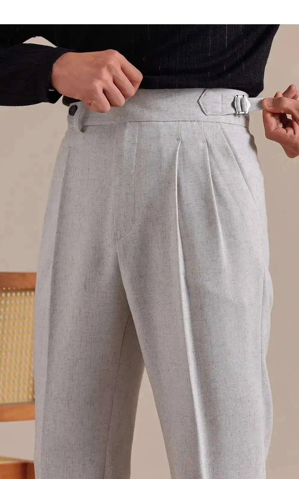 Naples High Waist Linen Suit Pants Men Breathable Straight Leg Office Trousers Men Pantalon Costume Homme Men's Social Trousers