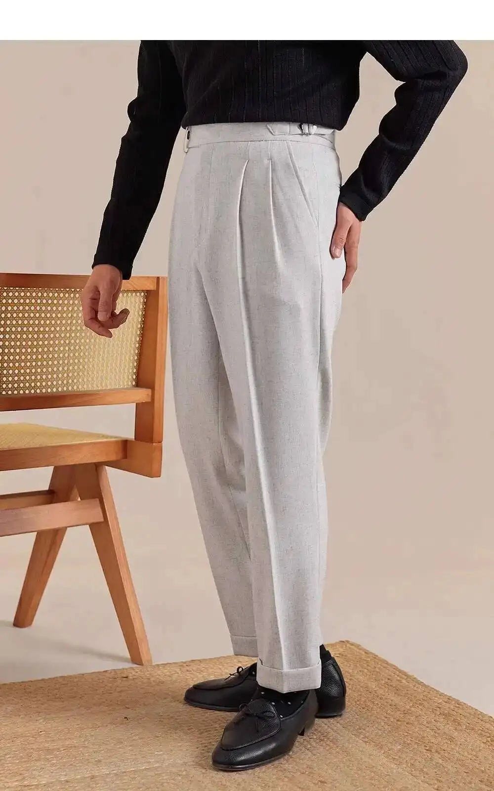 Naples High Waist Linen Suit Pants Men Breathable Straight Leg Office Trousers Men Pantalon Costume Homme Men's Social Trousers