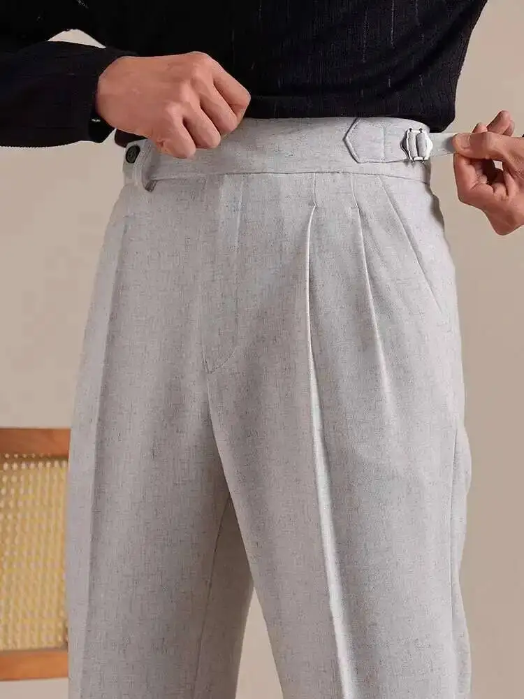 Naples High Waist Linen Suit Pants Men Breathable Straight Leg Office Trousers Men Pantalon Costume Homme Men's Social Trousers