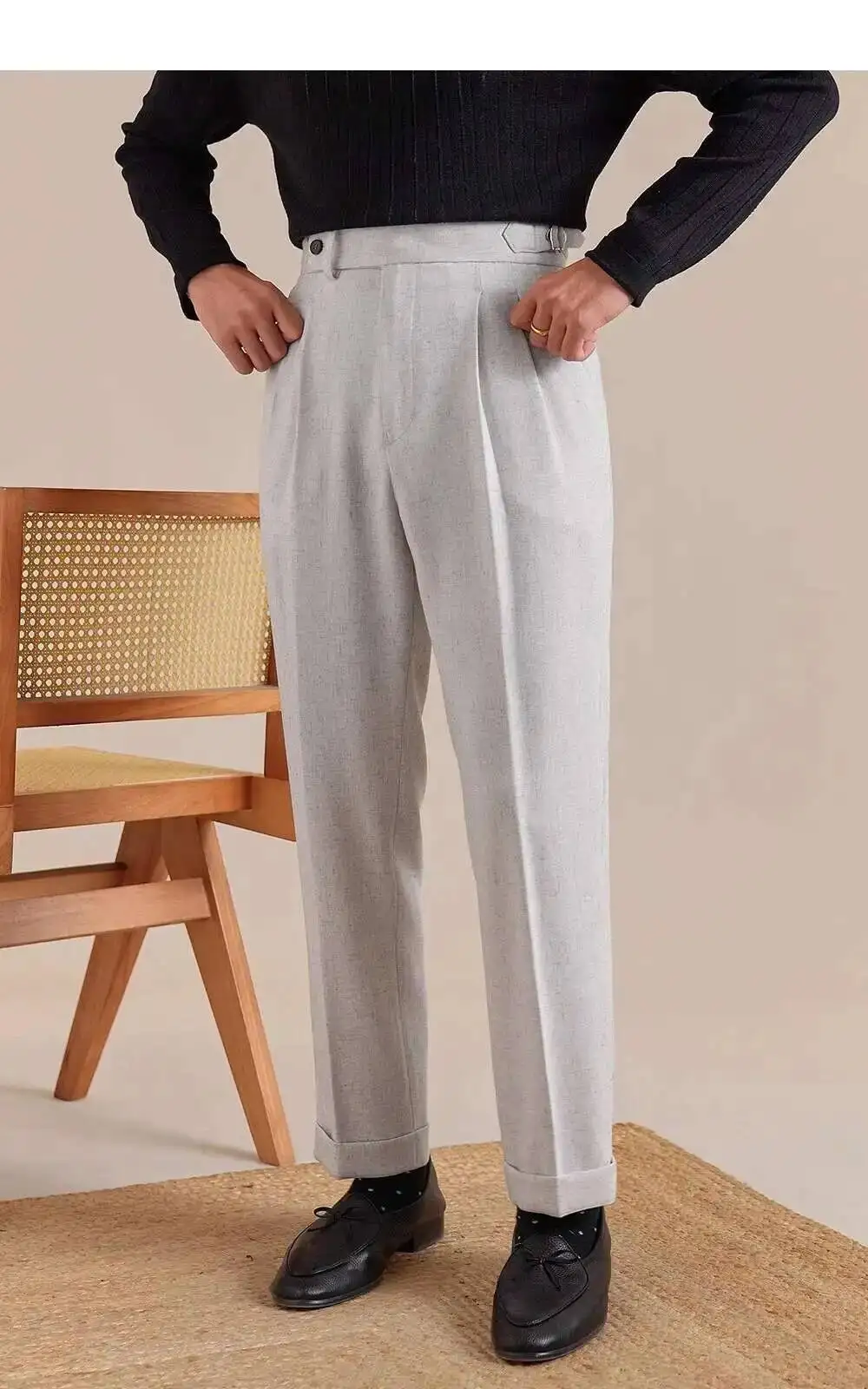 Naples High Waist Linen Suit Pants Men Breathable Straight Leg Office Trousers Men Pantalon Costume Homme Men's Social Trousers